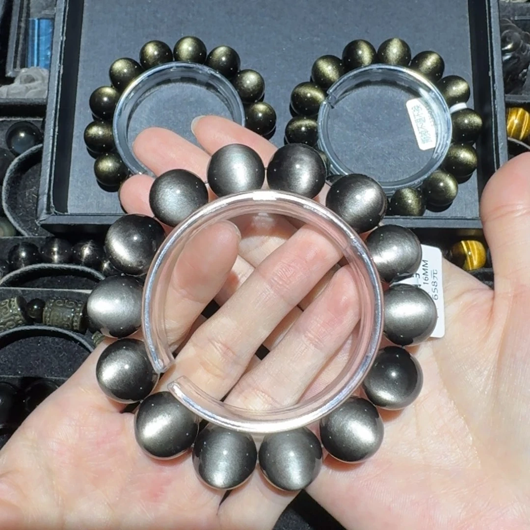 翻***吒黑曜岩未镶嵌手链银猫