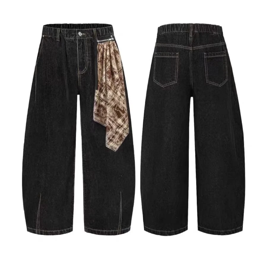 美式复古格子围巾拼接cleanfit弯刀牛仔裤男女小众宽松七分裤美式