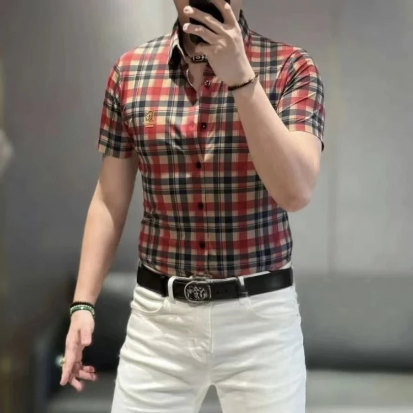 高端男士弹力徕卡立体高奏波工艺胸标时尚经典格纹短袖衬衫0306