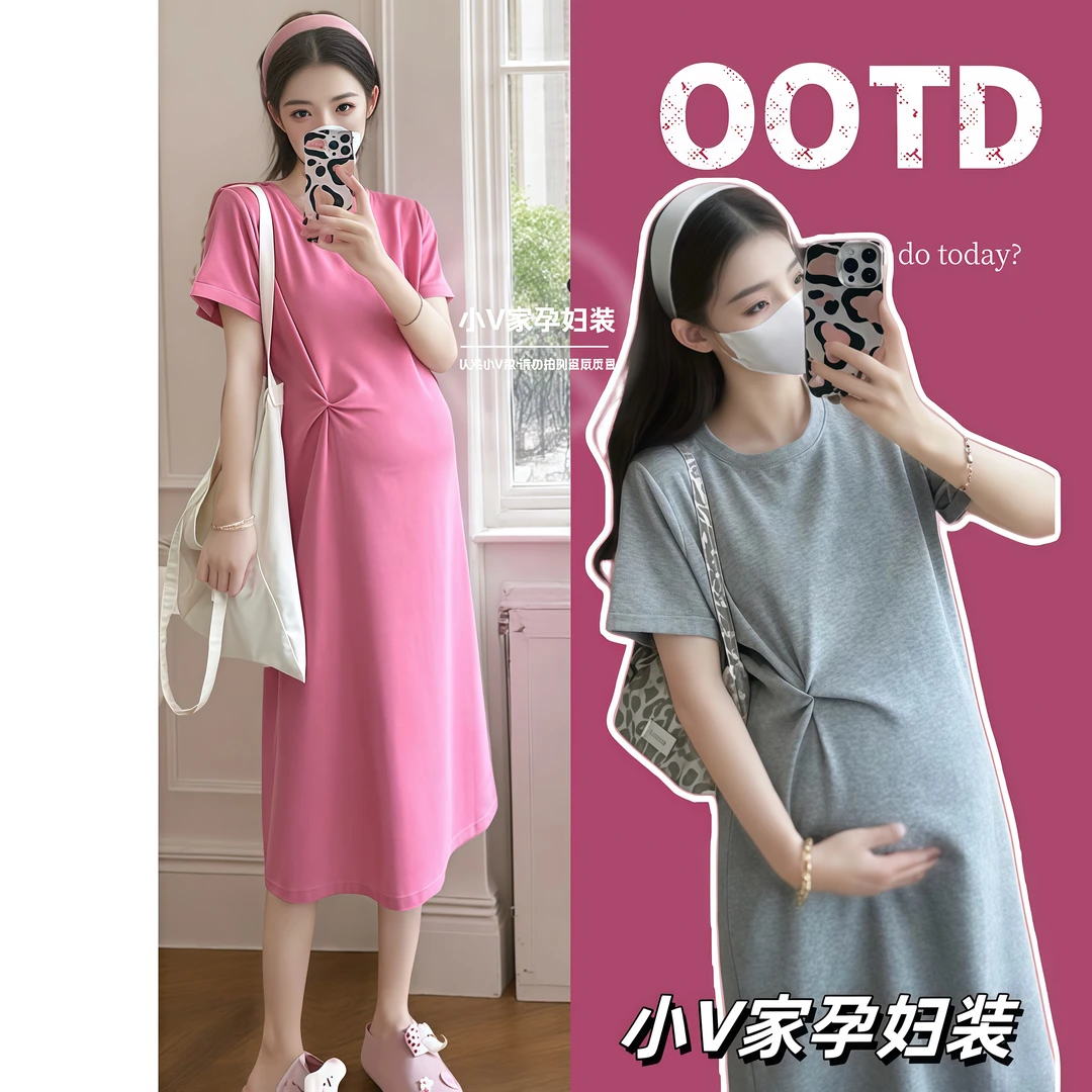 R344-2#3.30孕妇2025夏季圆领修身打结孕妇短袖针织连衣