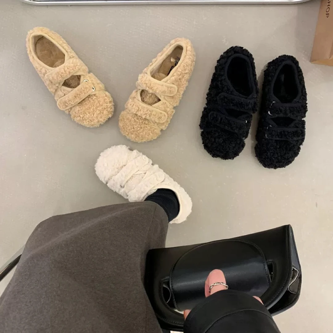 深口魔术贴单鞋厚款圆头豆豆鞋秋冬季加绒毛拖百搭