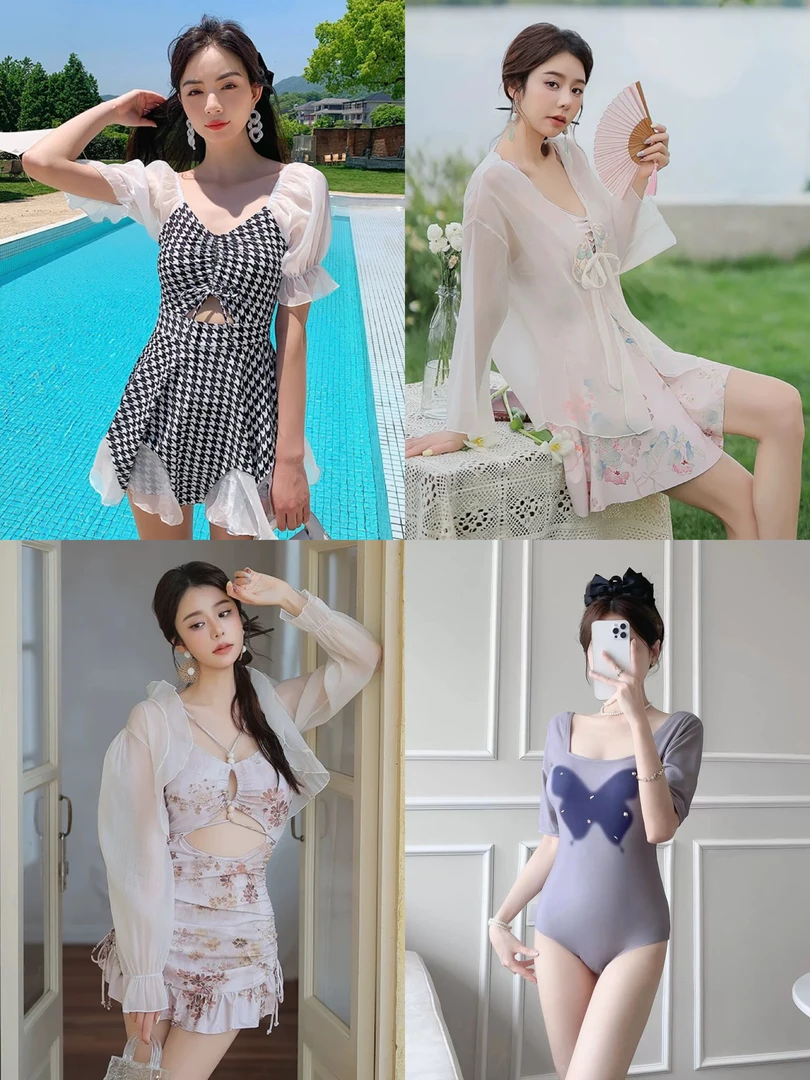 【链接2】女士显瘦遮肚保守泳衣带胸垫适合温泉游泳