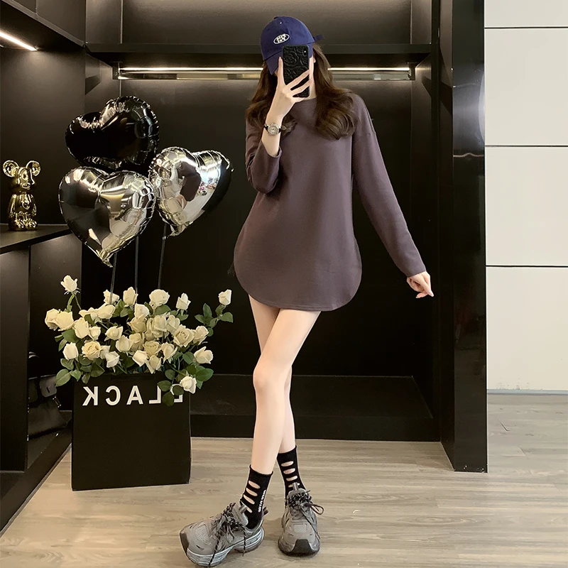 春秋新款气质中长款宽松型T恤休闲时尚秋冬长袖百搭显瘦上衣女