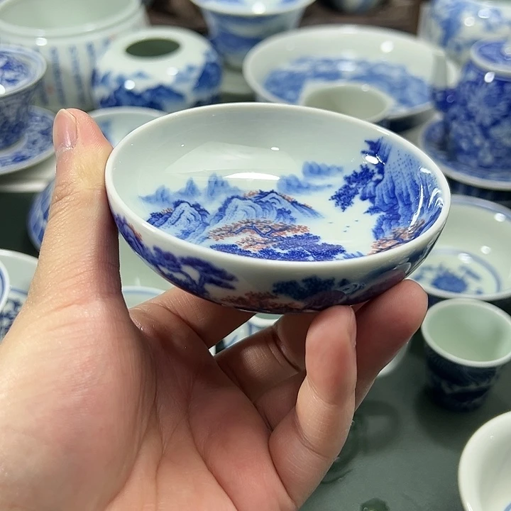 微瑕柴窑工笔山水内外画普洱杯