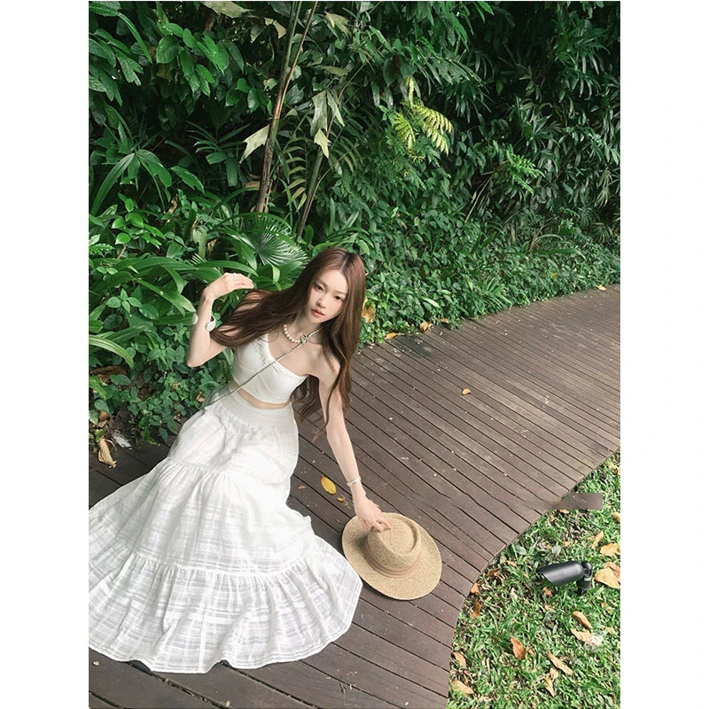 2025夏季新款高级感修身显瘦短款斜肩背心配白色度假风长裙套装女