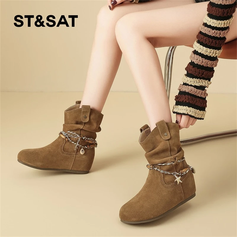 星期六马丁靴女款2025秋季新款串珠复古堆堆靴舒适显瘦内增高短靴