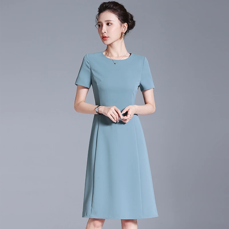 璐丝百丽 220846 圆领连衣裙女短袖夏中长款高端职业时尚气质正装