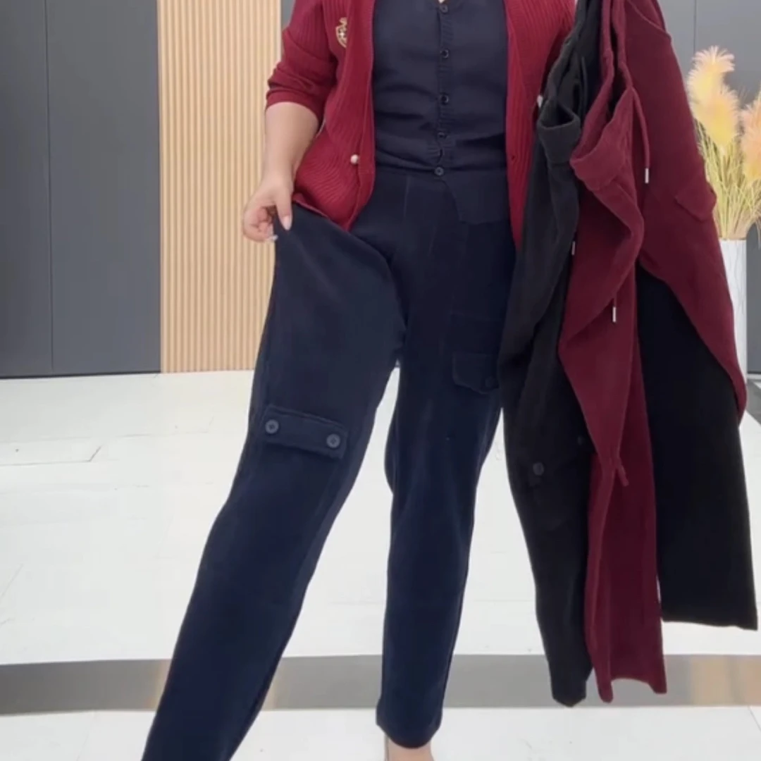 8513大码弹力休闲裤2025年秋冬新款抽绳松紧腰纯色多兜百搭哈伦裤