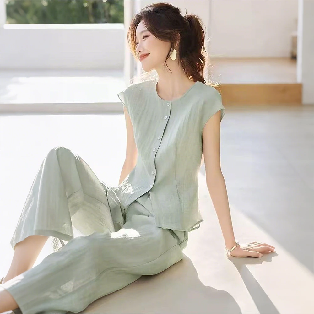 2025夏季新款圆领松弛感套装时尚显瘦无袖上衣+裤子两件套2613