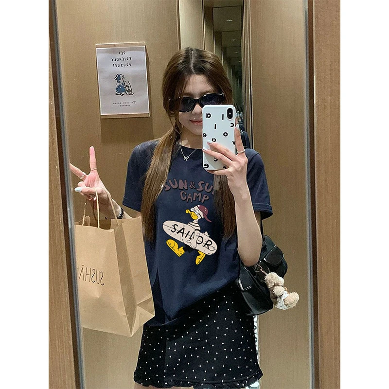 2025新款正肩印花短袖t恤女装设计感小众时尚百搭藏青色上衣夏季