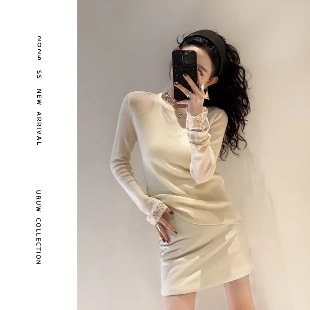 现货【颖子定制】星星糖~圆领蕾丝拼接针织衫修身显瘦打底衫 6573