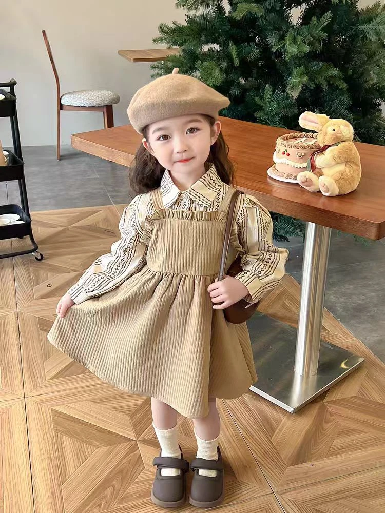8069吊带裙衬衫套装春秋字母新款儿童洋气甜美长袖时髦裙子两件套