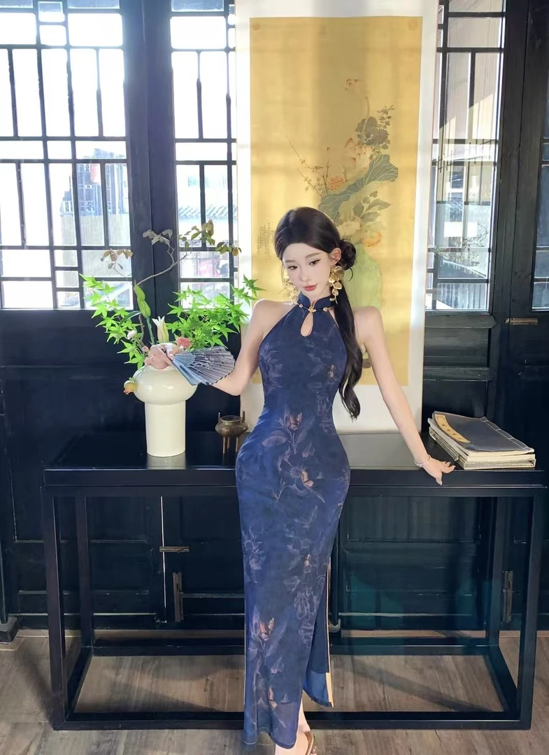 【海月】裙长123中国风文艺复古挂脖日常旗袍优雅立领显瘦修身
