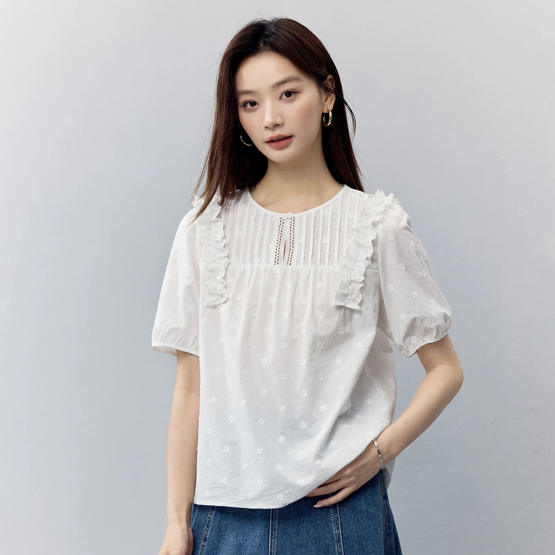 茵曼2025夏季新款女衬衫白衬衣短袖气质宽松风纯棉泡泡袖休闲圆领