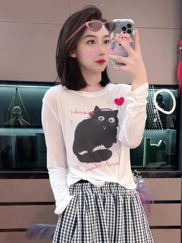 韩系圆领印花长袖T恤女夏季新款防晒罩衫薄款洋气减龄短款上衣潮