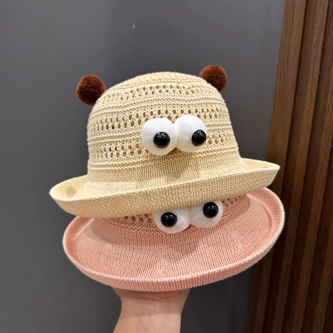 儿童草帽男童可爱超萌大眼睛遮阳渔夫帽女宝宝夏天镂空防晒凉帽潮
