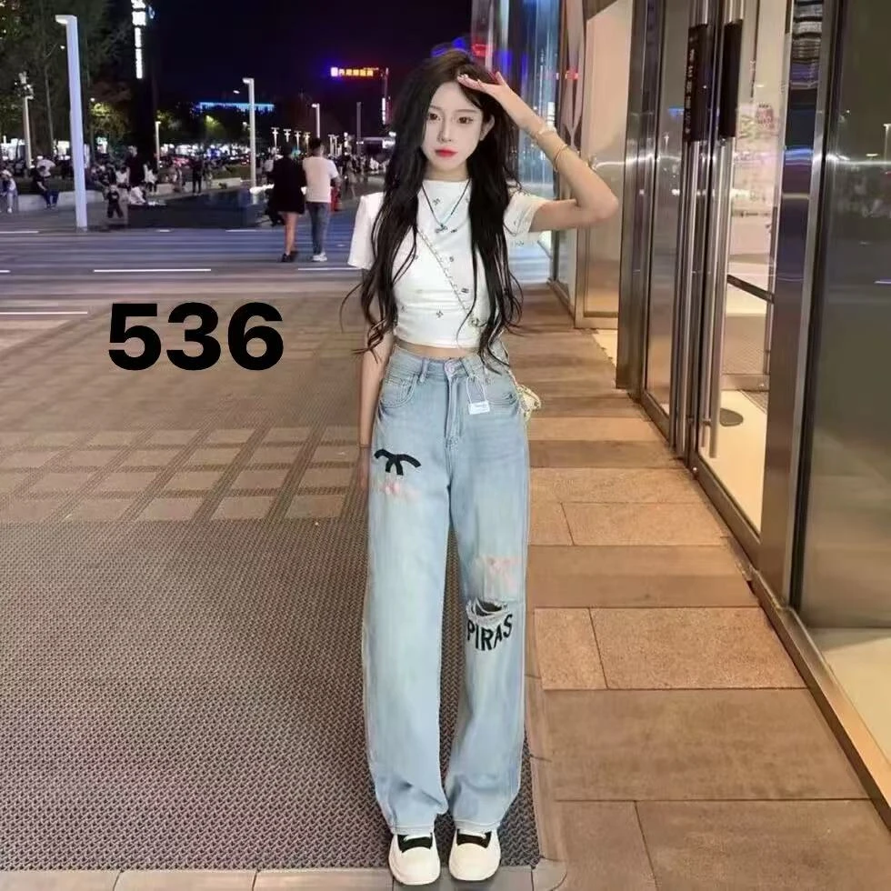 536直筒裤阔腿裤牛仔裤复古显瘦蓝色阔腿裤休闲高腰时尚蓝色显瘦