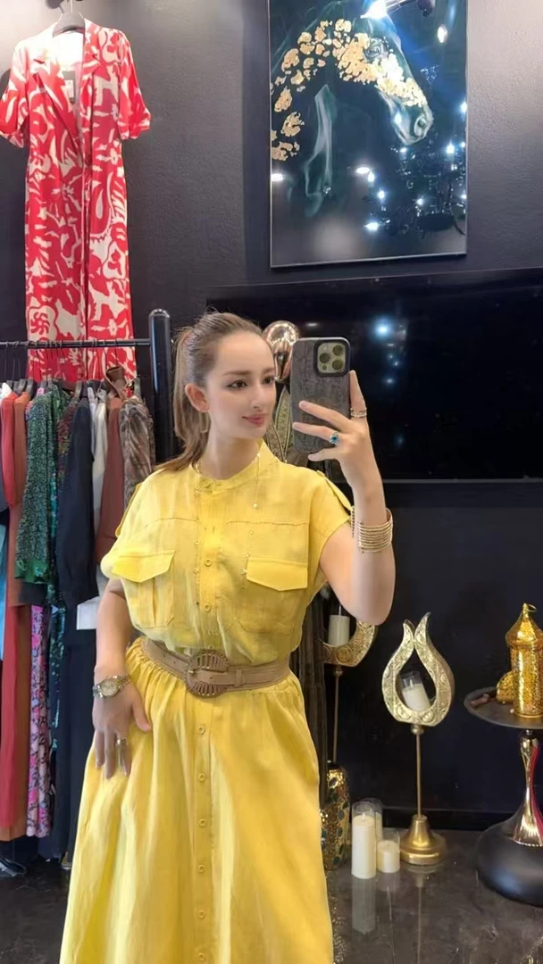 单排扣夏季印花少女风衬衫连衣裙泡泡袖收腰潮牌女黄色减龄