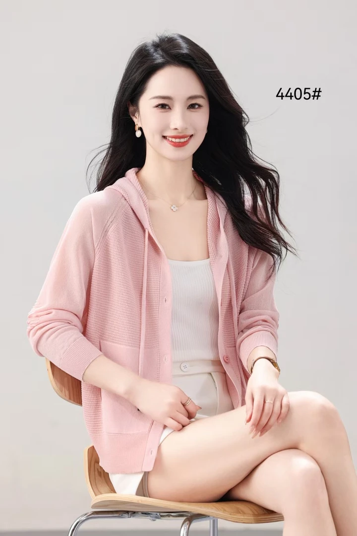 百搭纯色针织连帽宽松开衫2025春季新款女士上衣外套4405