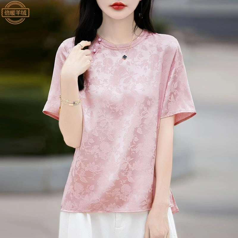 仿真丝缎面短袖恤24新款夏季小众提花国风盘扣衬衫女新中式上衣