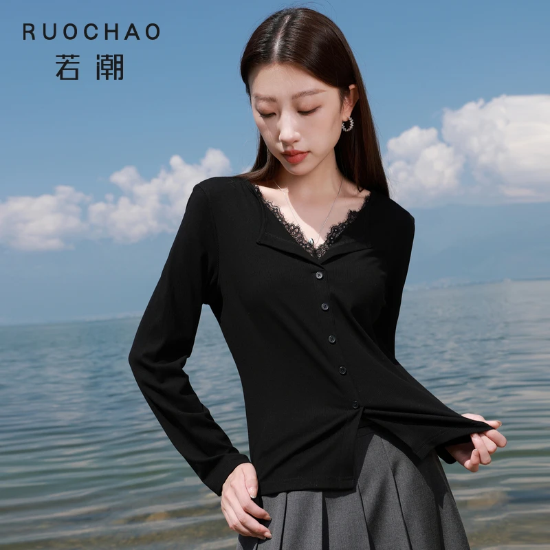 大码女装2025秋季新款优雅花边V领T恤长袖上衣显瘦胖MM