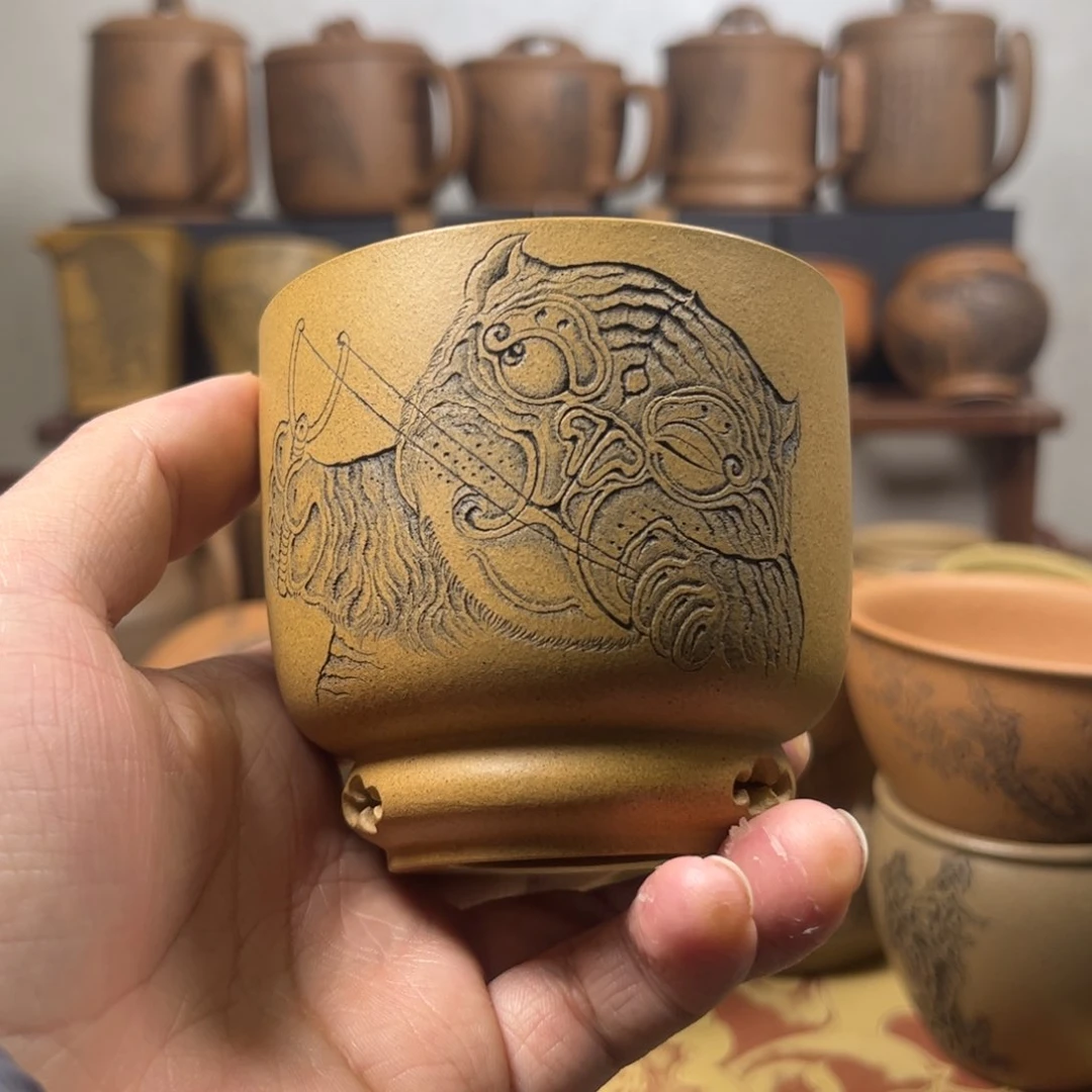 紫砂杯子完**暴微瑕疵小老虎刻绘紫砂主人杯