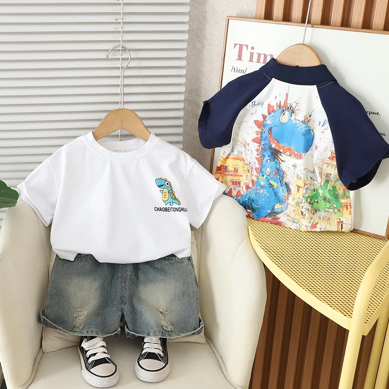 男童夏装2025新款儿童夏季翻领恐龙男宝宝短袖套装1一2-3岁童装