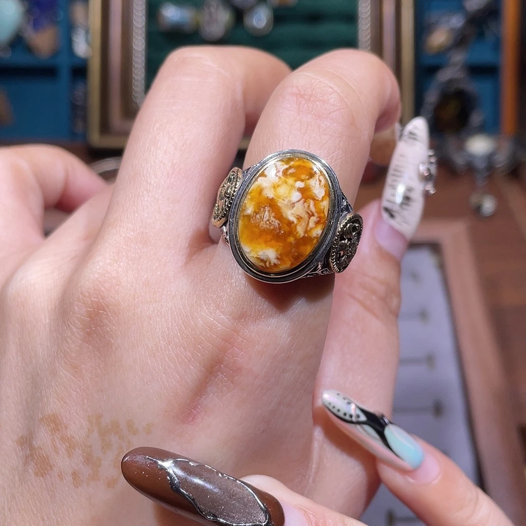 琥珀银S925镶嵌戒指
