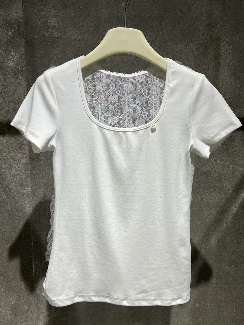 D特【Ann.G】B20204 春夏个性时尚U领拼接蕾丝百搭显瘦短袖T恤