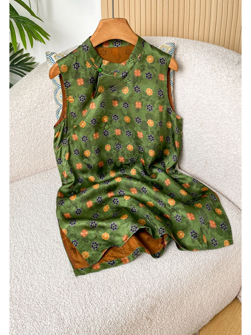 143 新中式国风绿色宝相花奥黛时尚百搭显瘦小立领长款上衣女