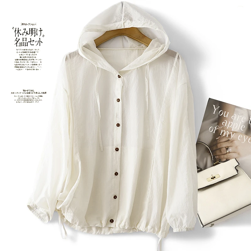 2025夏季新款纯色单排扣文艺沙滩防晒衫长袖轻薄透气连帽空调衫女