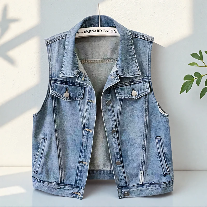 2025气质显瘦无袖坎肩外套欧货复古白色牛仔马甲女背心短款春秋季