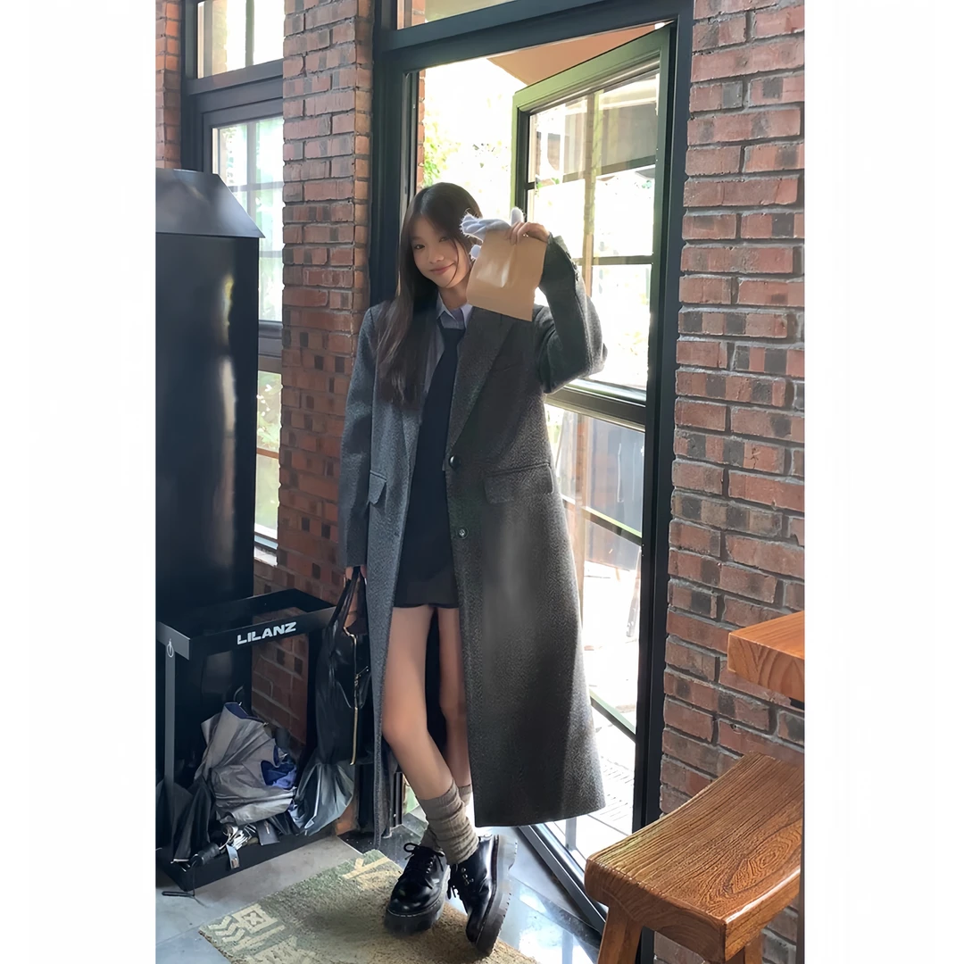【江南姐姐2.0加长版】冬季新款韩式大衣【有垫肩】直筒加棉羊毛大衣