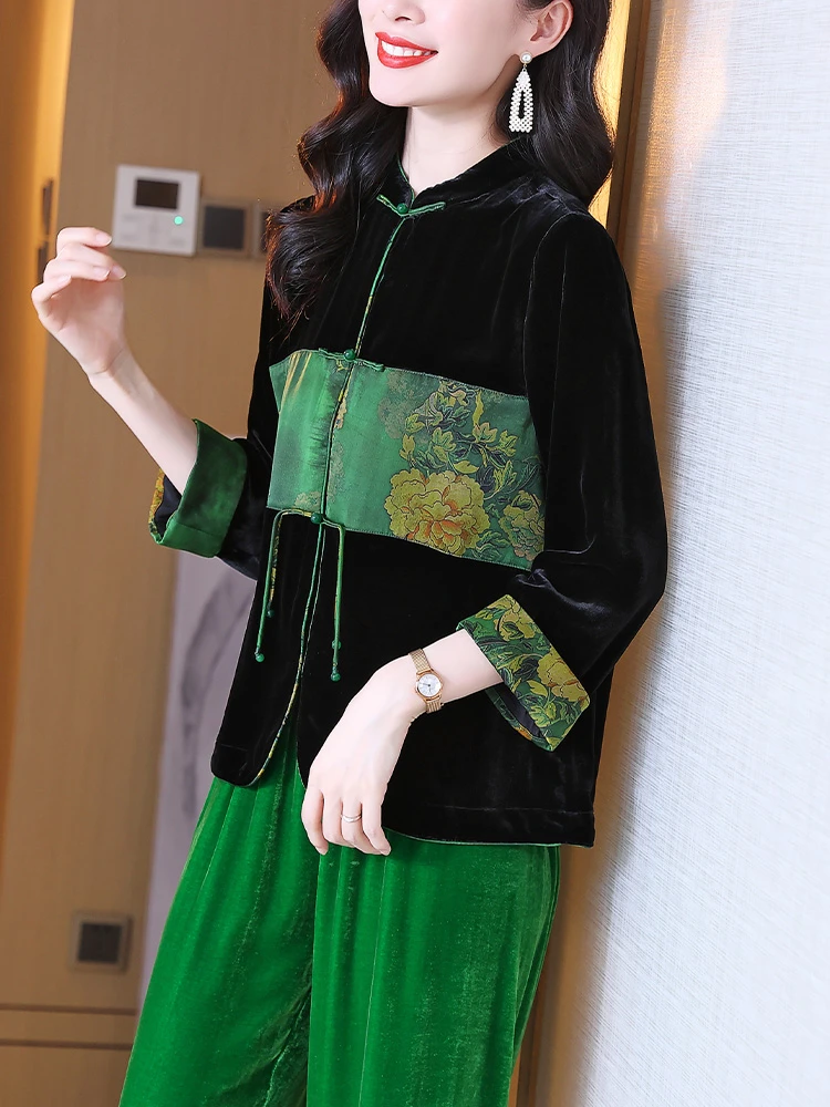 拼接国风香云纱真丝丝绒上衣女典雅气质立领七分袖桑蚕丝开衫外套