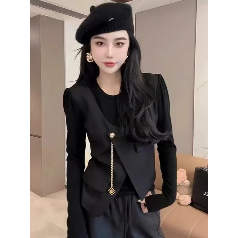 s短款纯色T恤网红春季圆领黑色打底洋气抗皱百搭名媛气质长袖