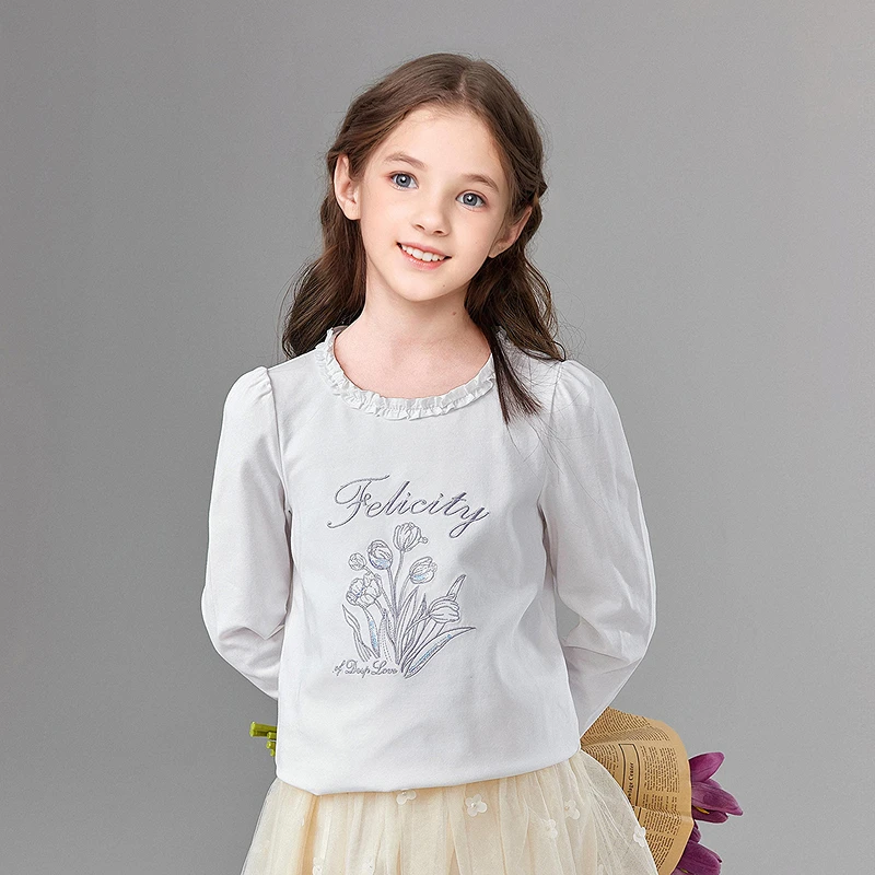 笛莎童装T恤2025年新款纯棉时尚印花洋气圆领长袖上衣女童秋季
