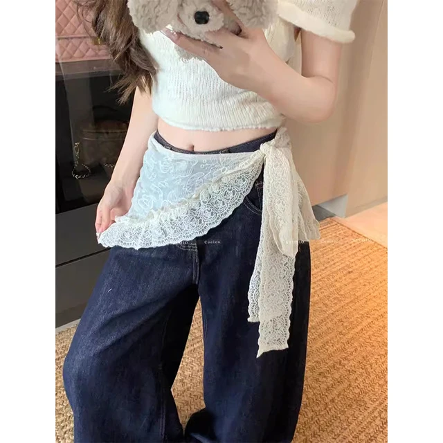 甜美风重工蕾丝花边三角巾女夏季小众设计感提花网纱叠穿白色屁帘