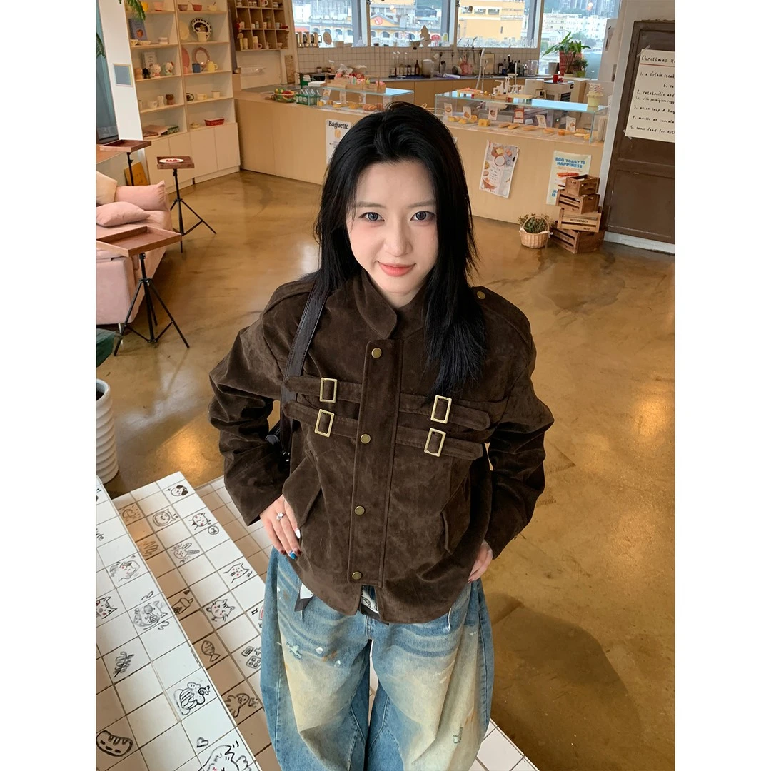 美式cleanfit拼接设计仿麂皮高级感夹克男女短宽早秋外套学院风