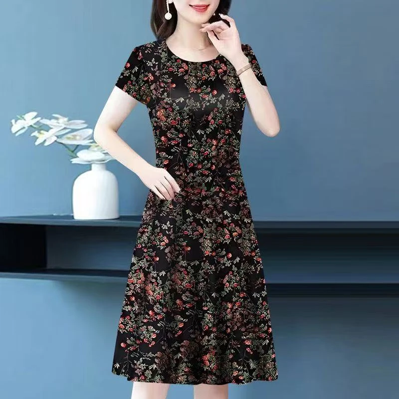 商城清货~妈妈专柜仿真丝连衣裙夏季爆款外穿宽松碎花中长裙