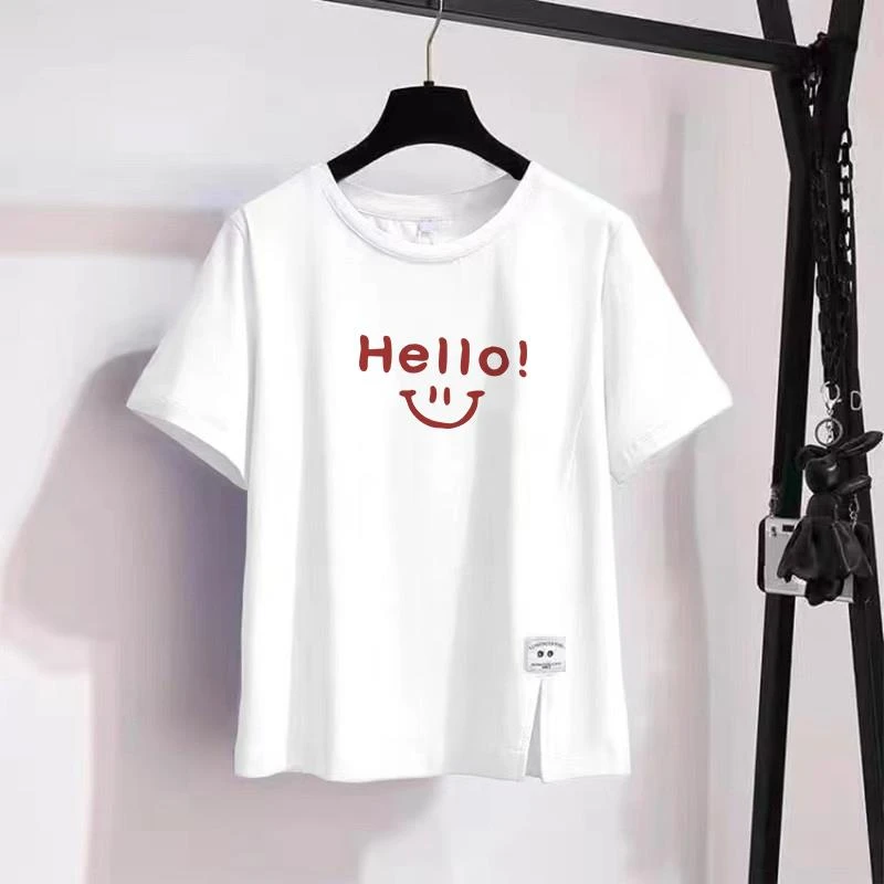 纯棉大版短袖t恤女夏季2025新款大码宽松韩版百搭洋气开叉上衣潮