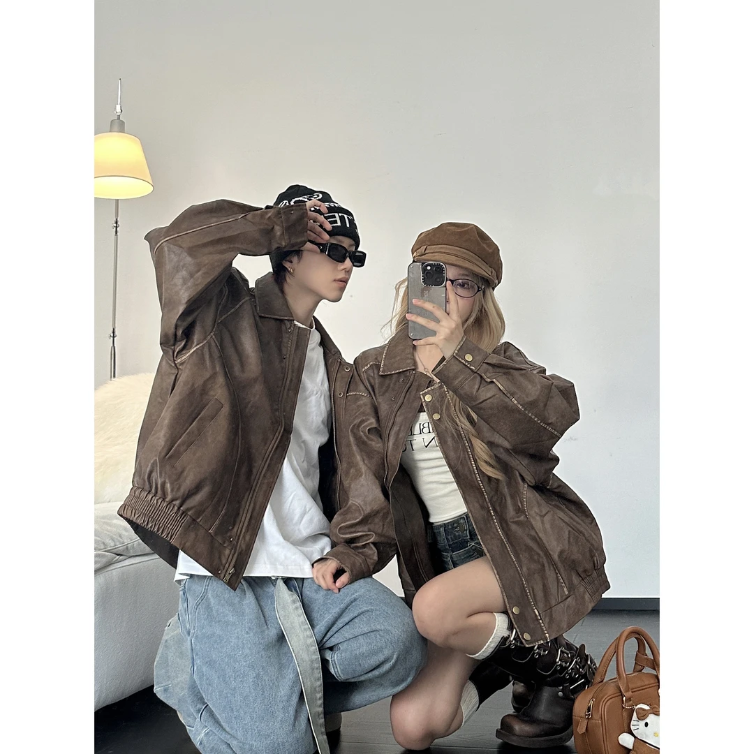 情侣装复古港风美式PU皮衣休闲宽松长袖外套潮