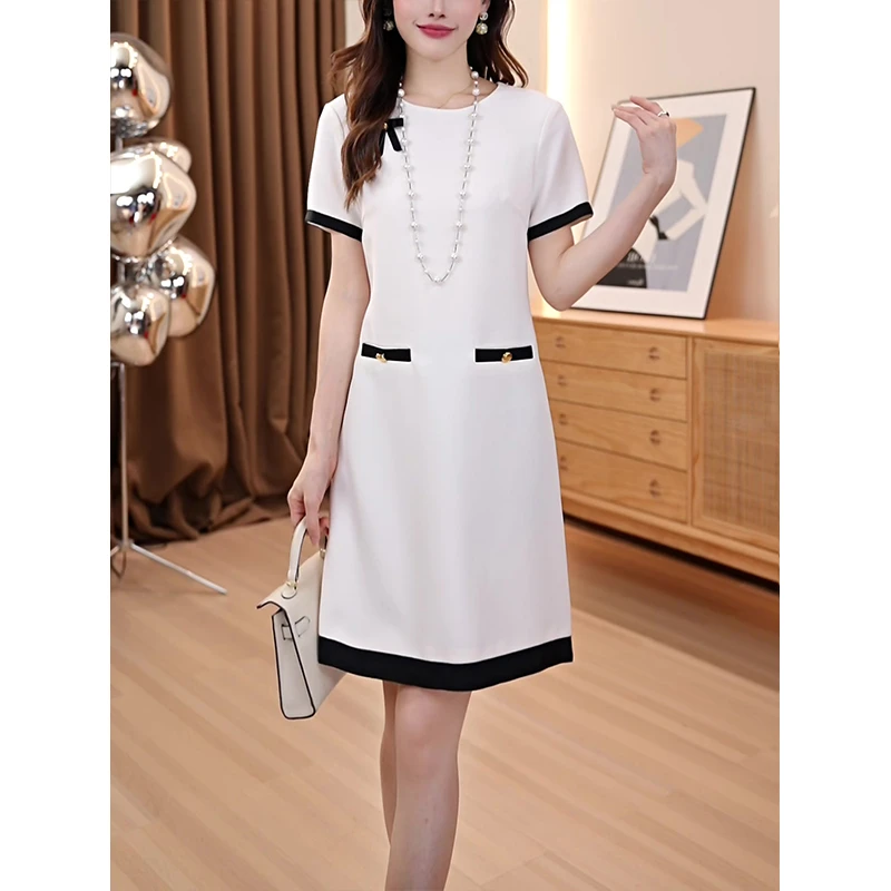 夏季气质收腰A字中长裙时尚通勤显瘦圆领短袖醋酸连衣裙女DT