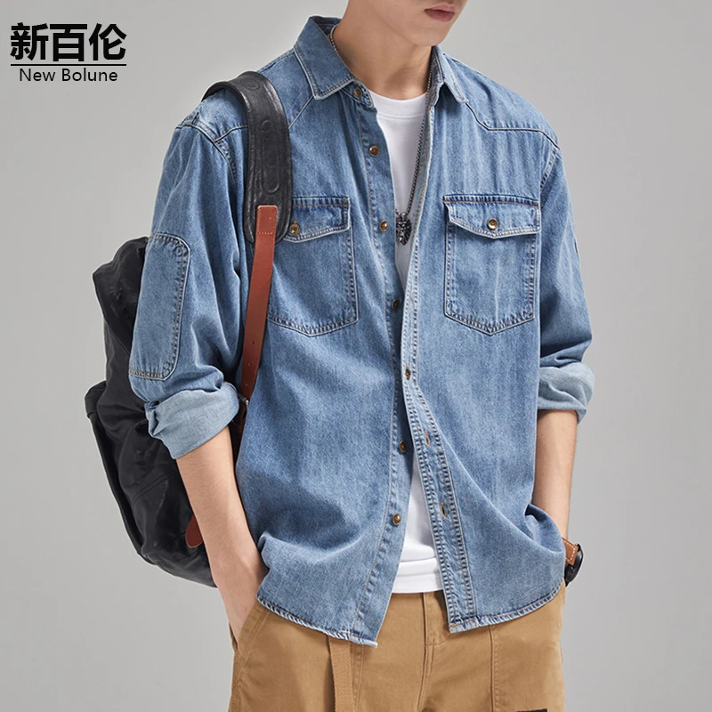 新百伦/NEW BOLUNE日系复古衬衫男秋季新款潮流长袖牛仔衬衣外套
