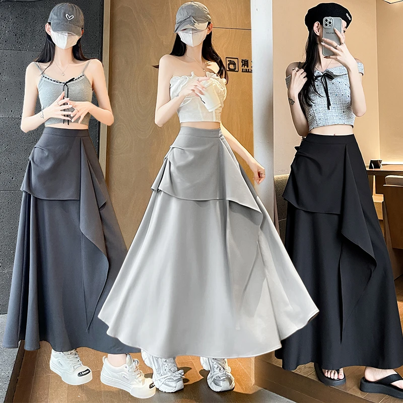 不规则荷叶边半身裙女2025夏季新款高腰伞裙显瘦休闲A字大摆长裙