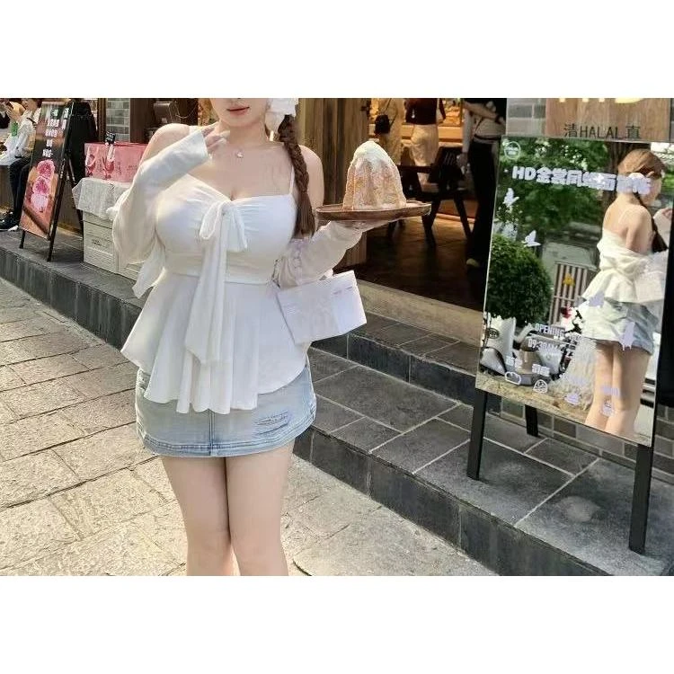 胖鑫家【半岛情书】茶系纯欲风大码显瘦吊带+开衫两件套8050