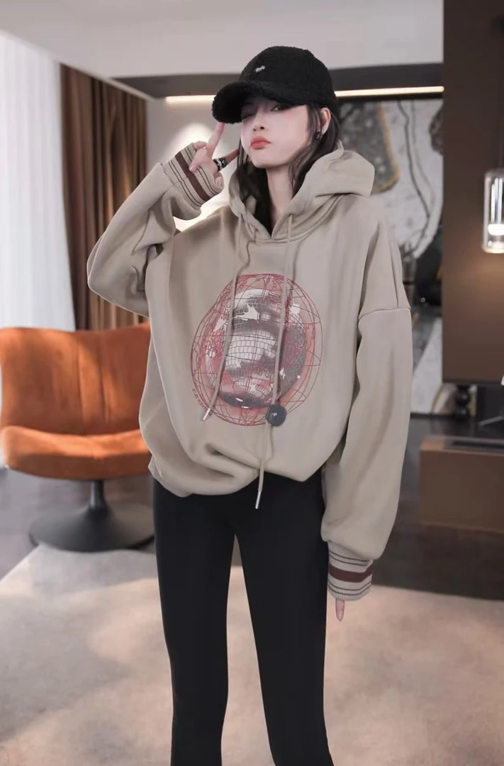 BANINGNA-2024欧货新款时尚慵懒宽松加绒连帽卫衣6474