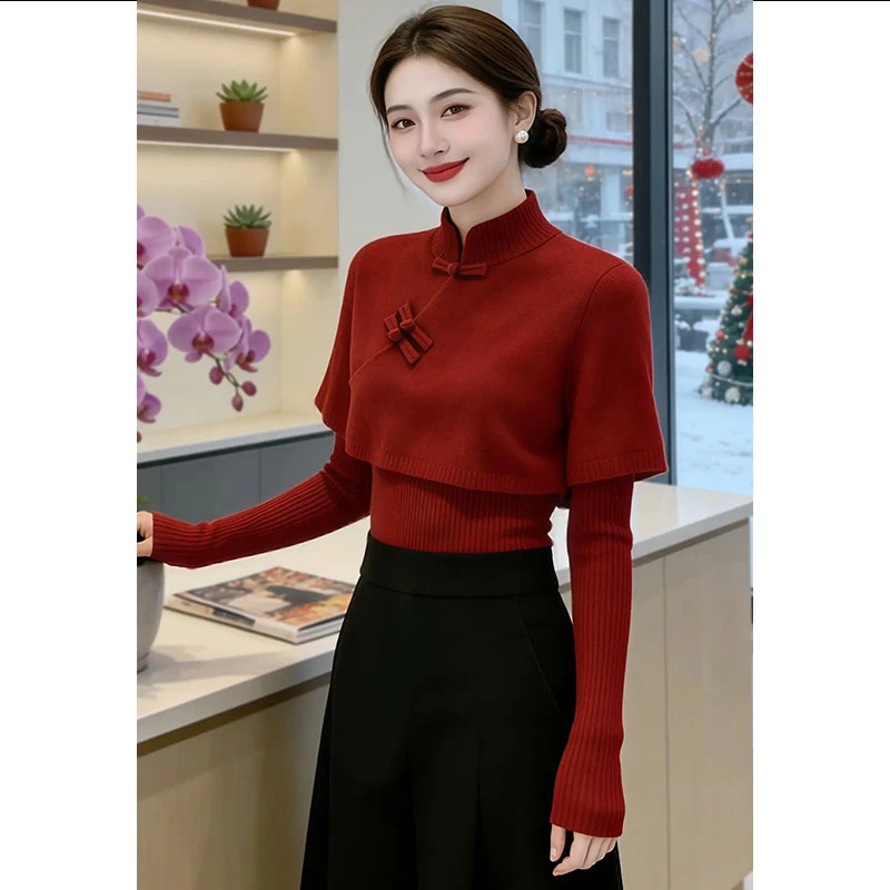 兹伊翰【红色流年】时尚斗篷盘扣针织衫女士2025秋冬新款新中式毛衣