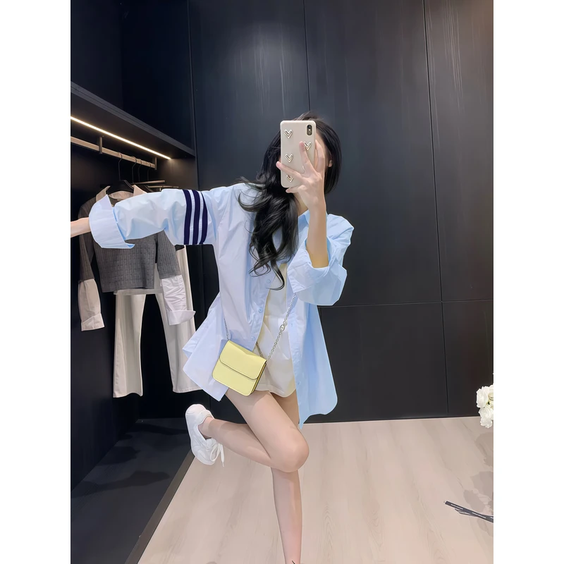 春夏新款简约蓝色衬衫女中长款宽松显瘦百搭通勤防嗮衬衣开衫外套