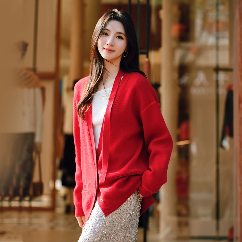 EP雅莹女装 羊毛羊绒衫红色毛衣 新品9111A