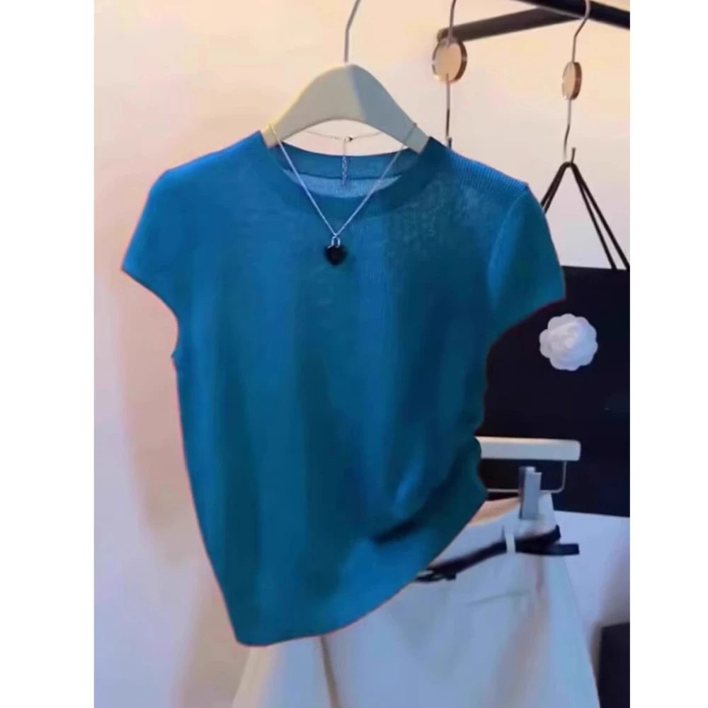广州十三行简约蓝色圆领冰丝针织衫夏季通勤百搭套头短袖上衣女